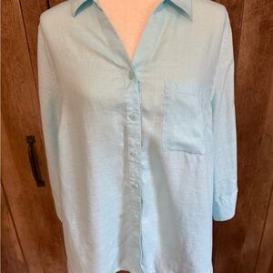 Chico's Aqua Button-Up Blouse, 100 percent no iron Linen.  Very lightweight.